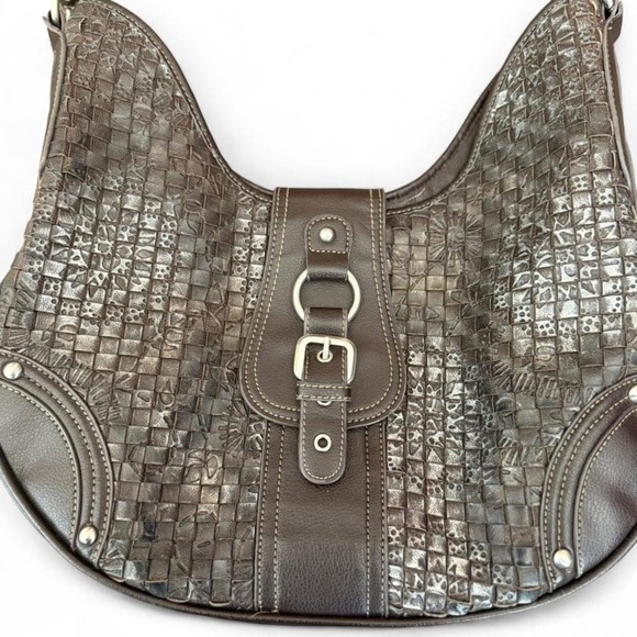 Y2K Boho Western Woven Leather Buckle Bag Brown Silver Hardware Grunge Vintage - Picture 2 of 6